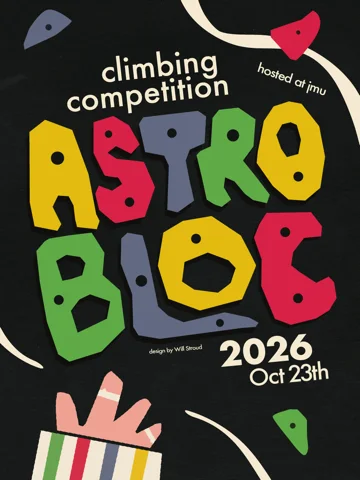 Astrobloc 2026 poster: climbing-hold letters on black