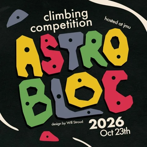Astrobloc 2026 sticker: climbing-hold letters on black